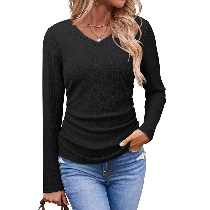 Womens Tops Casual V Neck Long Sleeve Shirts for Women Fashion Solid Ruched Basic Tunics Blouses