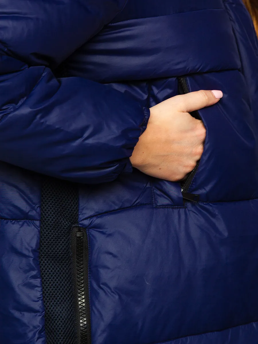 Dark blue women's long winter jacket with hood
