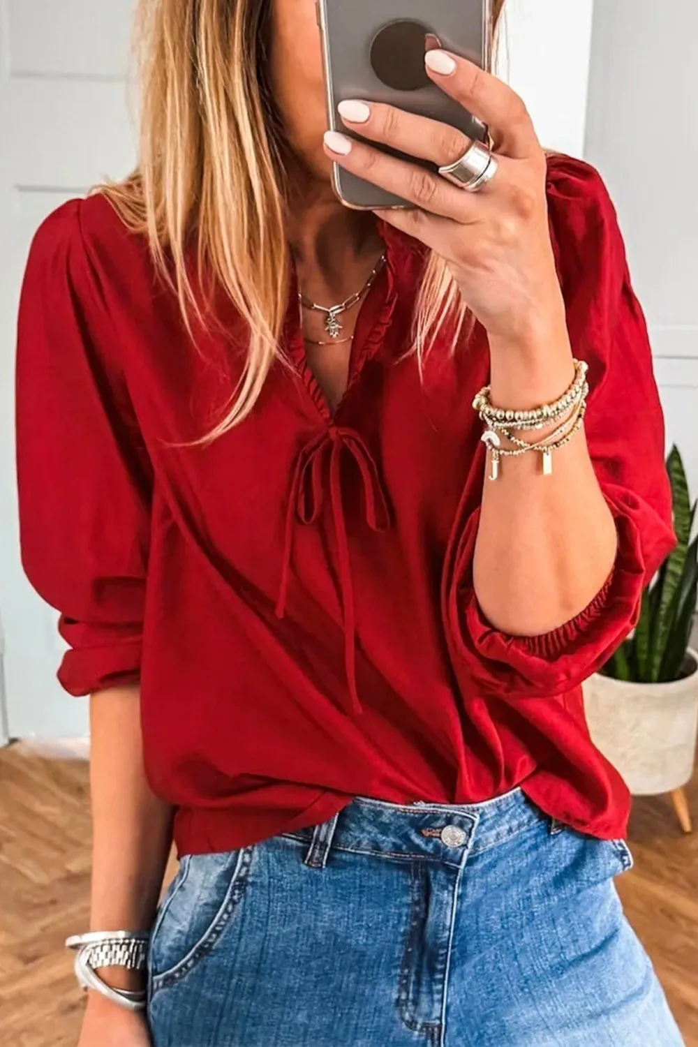 Frilled Bow Detail V-Neck Blouse
