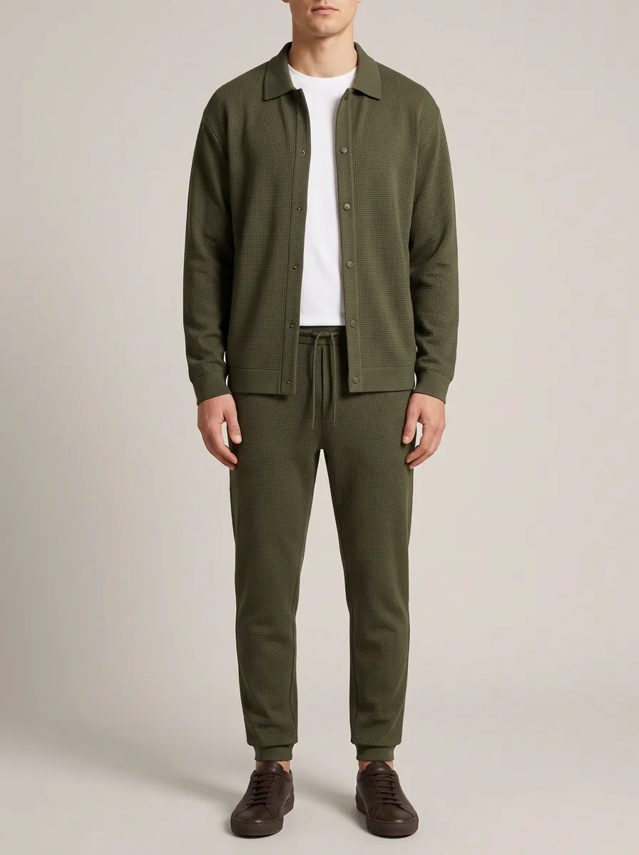 Men's Contemporary Textured Polo Collar Jacket and Jogger Pants Set