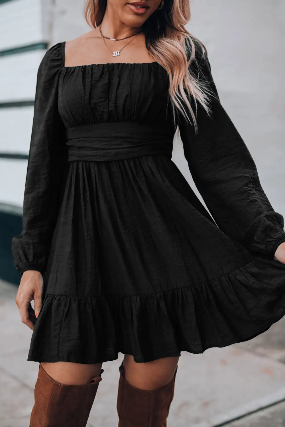 Graceful Square Neck Puff Sleeve Mini Dress