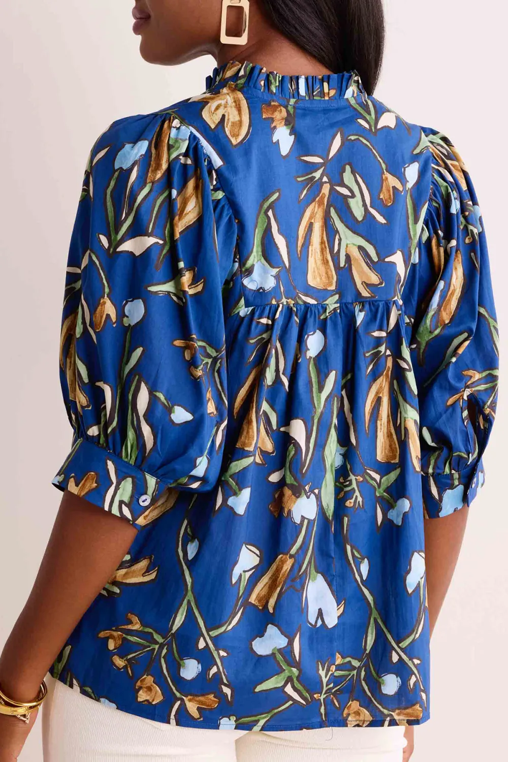 Blue Floral Print V-Neck Long Sleeve Blouse