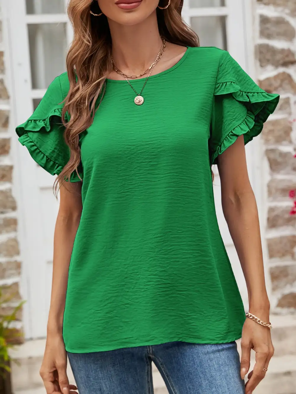 Textured Petal Sleeve Round Neck T-Shirt