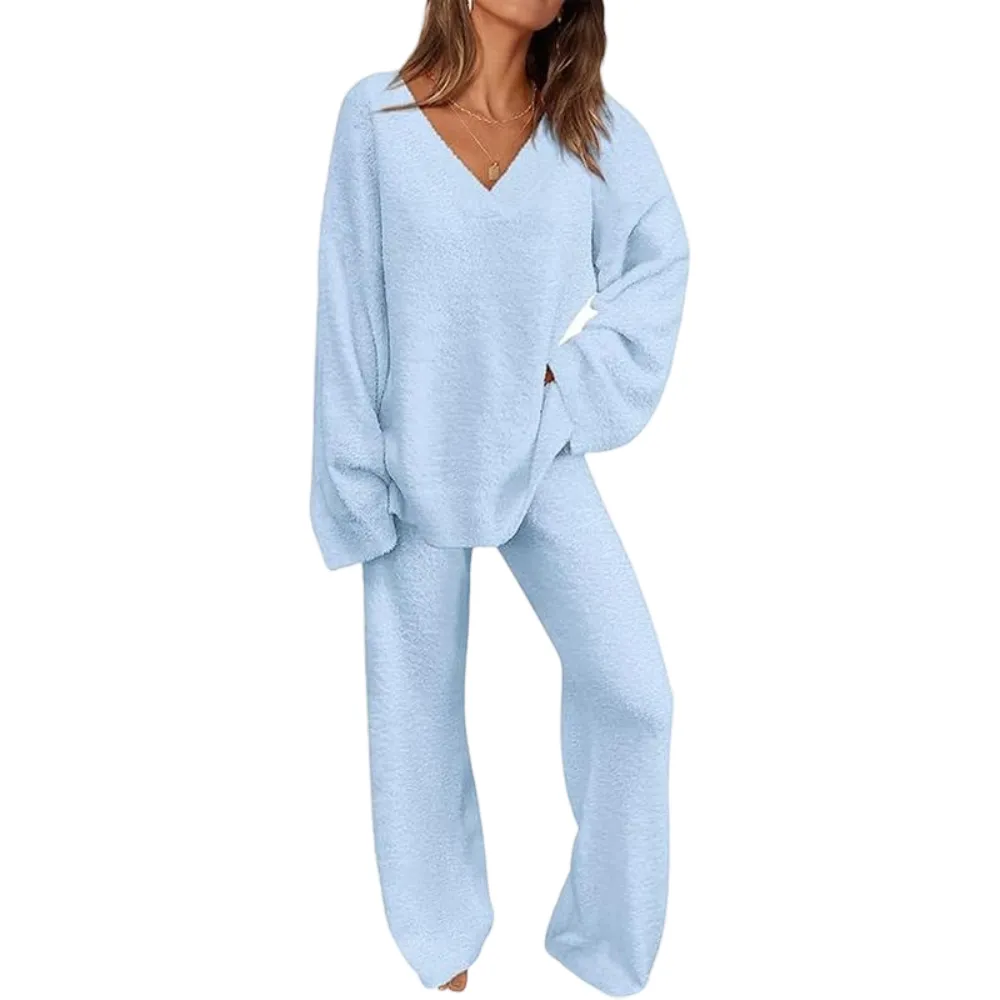 Women's 2-Piece Lounge Set Soft Chunky V Neck Tops& Wide Leg Long