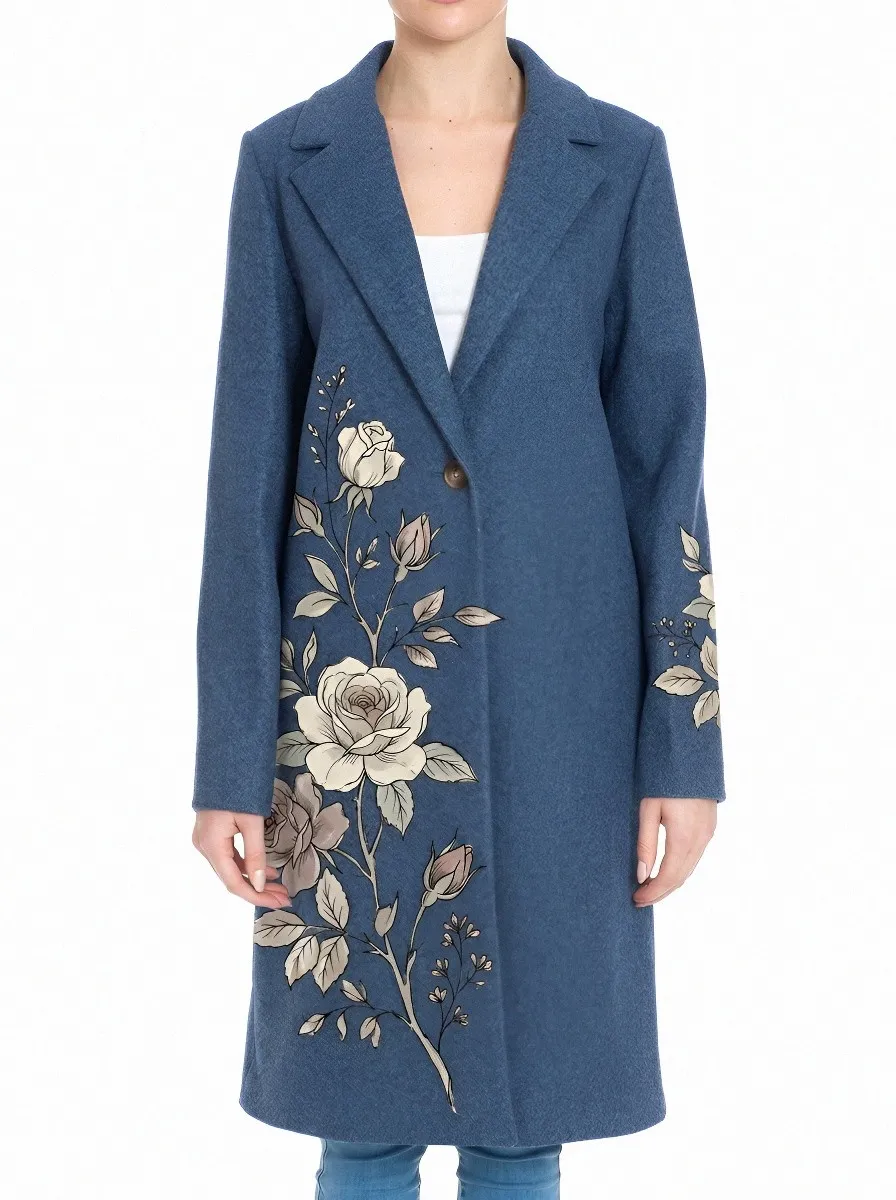 Women's Floral Rose Botanical Printed Wool Coat