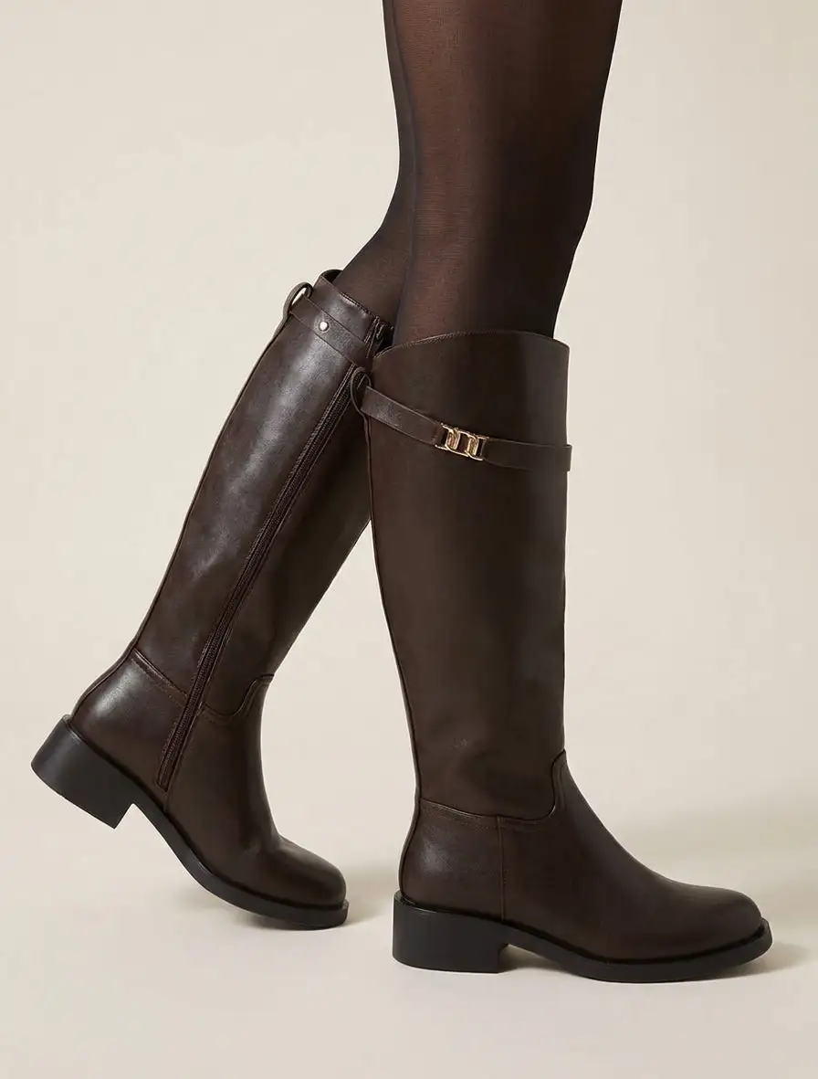 Classic Utility Block Heel Faux Leather Knee High Boots