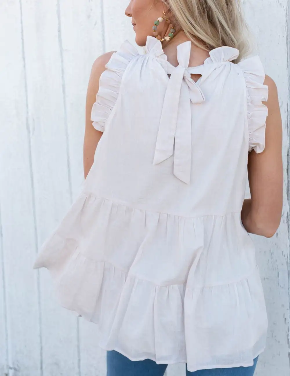 Frilled Collar Sleeveless Knotted Tiered Flowy Tank Top