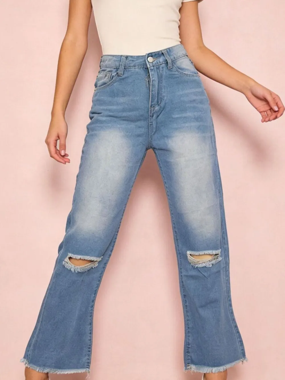 Flare Leg Raw Hem Distressed Denim Jeans