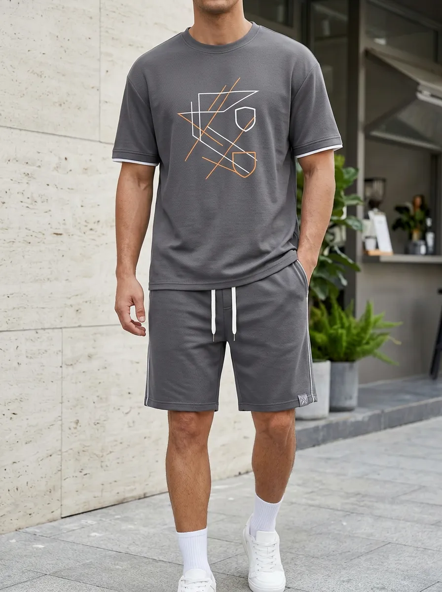 Men's Geometric Line-Art T-Shirt and Shorts Set