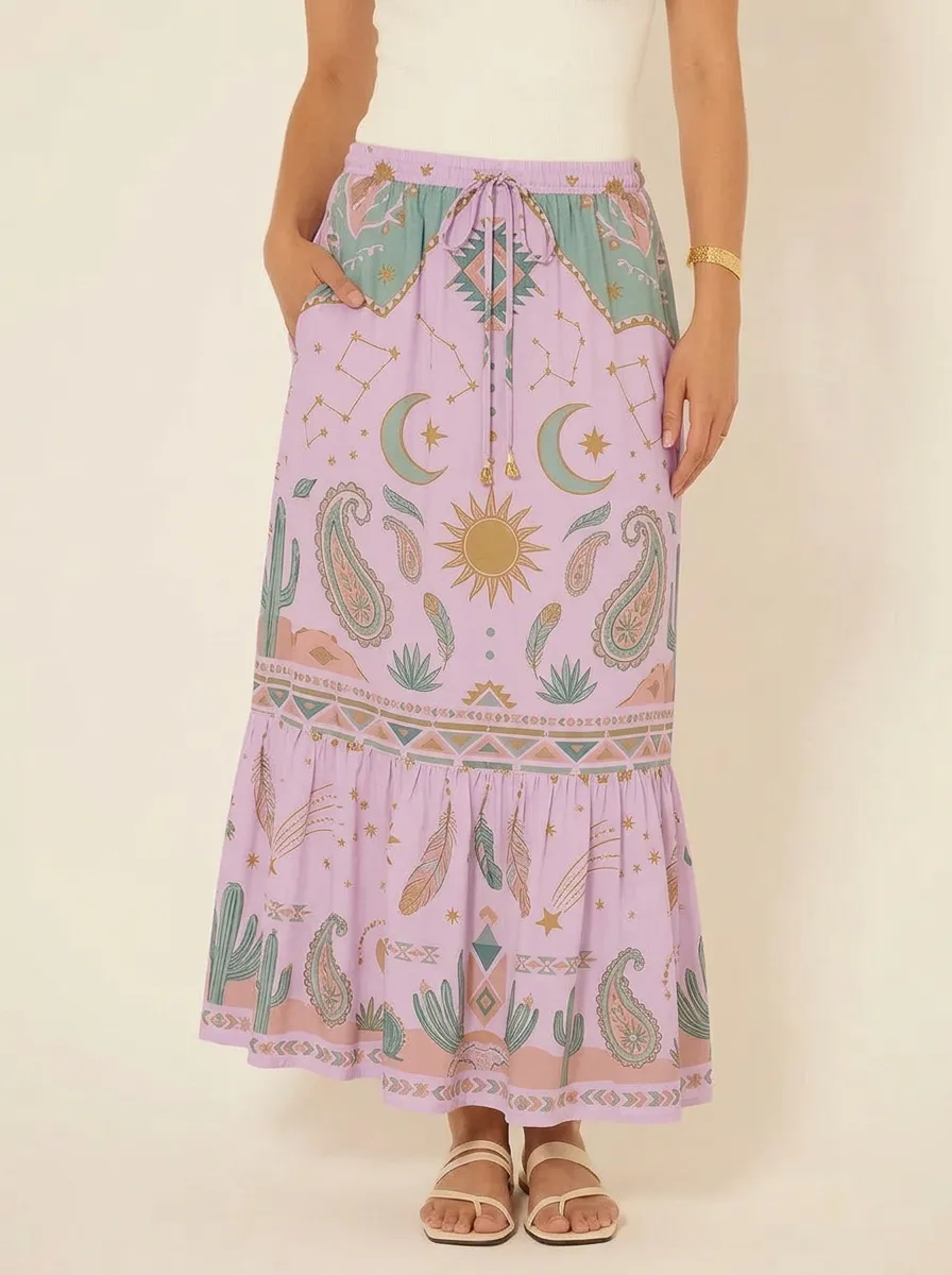 Women's Boho Celestial Cactus Paisley Printed Midi Skirt
