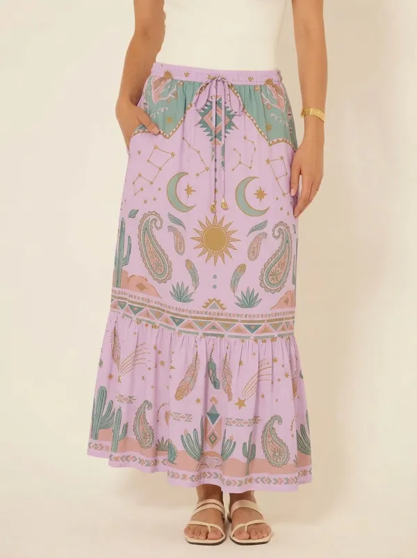 Women's Boho Celestial Cactus Paisley Printed Midi Skirt