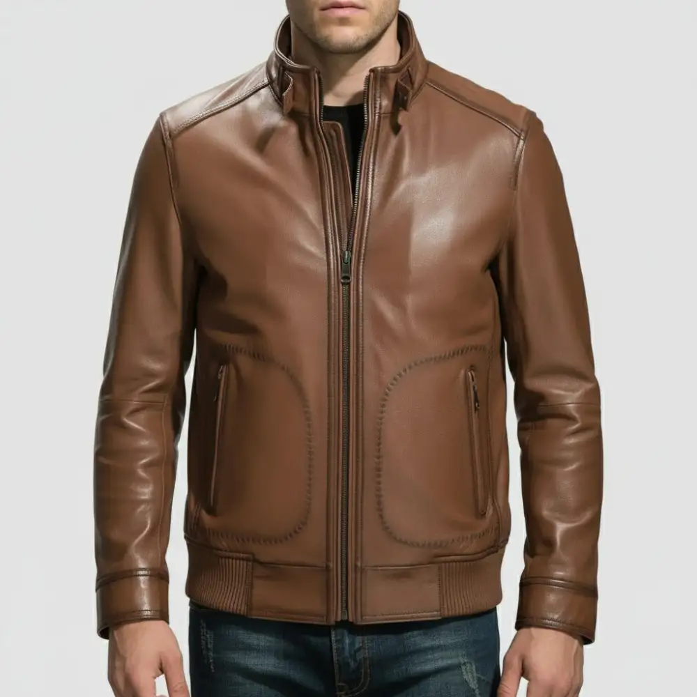Leather Biker Motorcycle Banded Collar Jacket