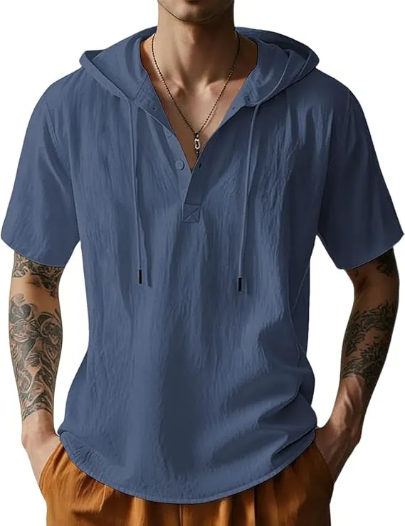 Men's Cotton Linen Short Sleeve Hooded Shirt