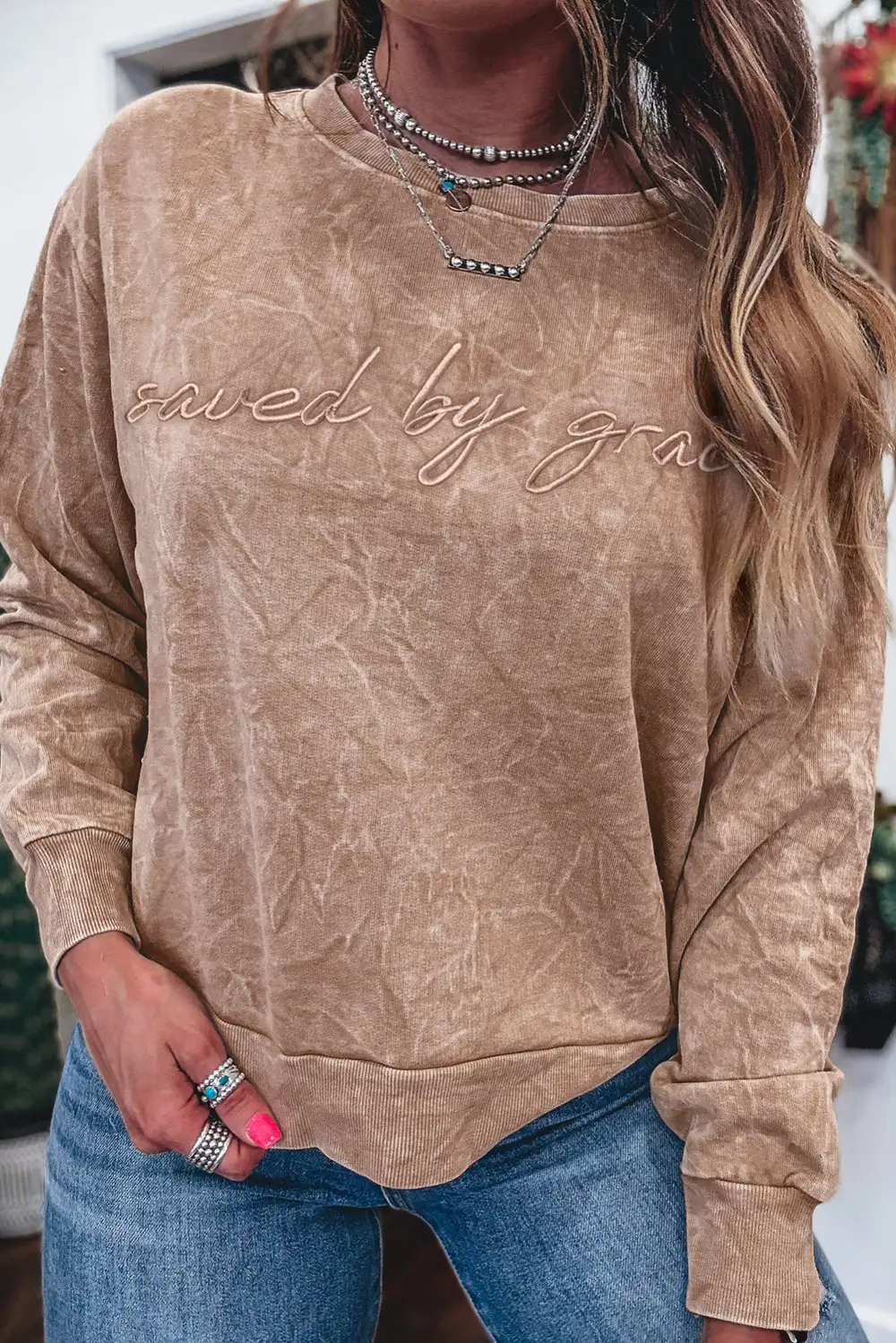 Laid Back Relaxed Embroidered Mineral Wash Letter Graphic Sweatshirt