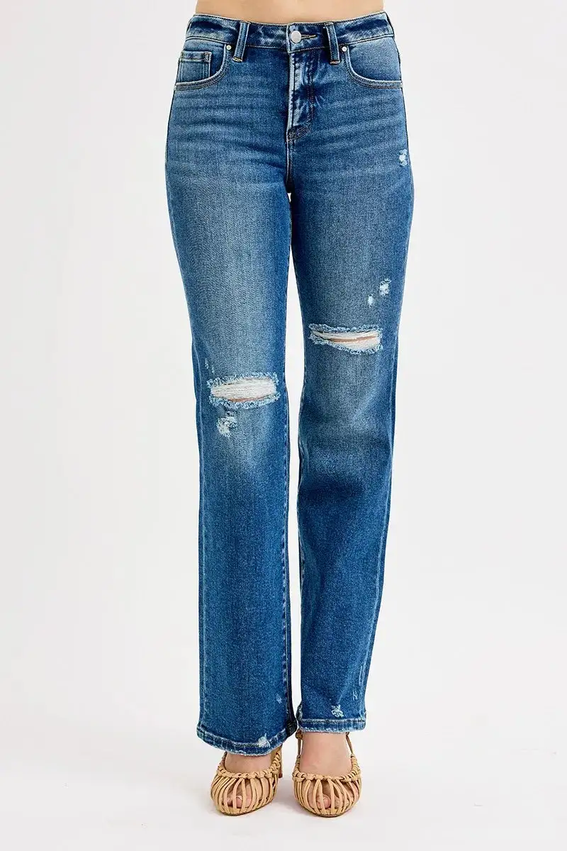 Refined High-Rise Distressed Washed Pocketed Straight Leg Jeans