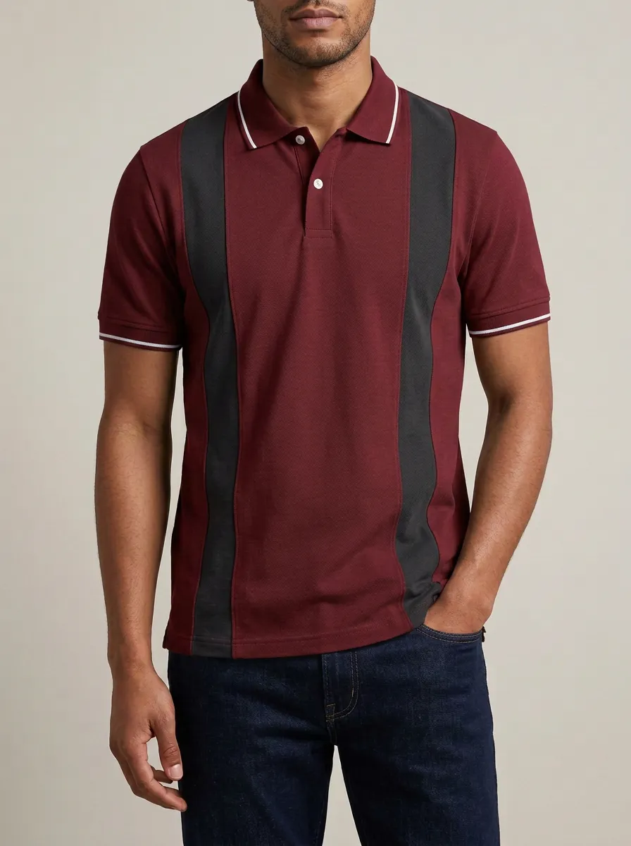 Men's Knit Ribbed Textured Vertical-Stripe Colorblock Polo Shirt