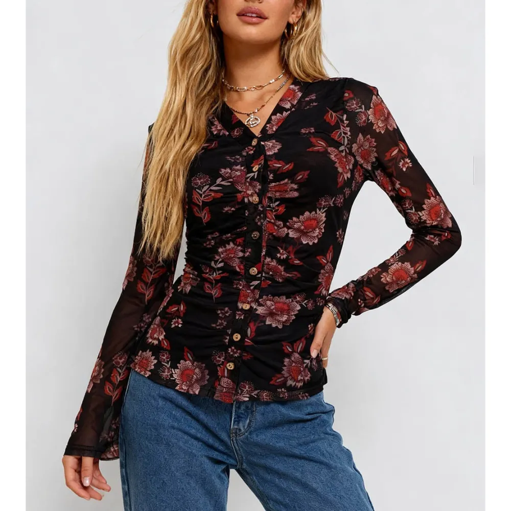 Boho Sheer V Neck Long Sleeves Blouse
