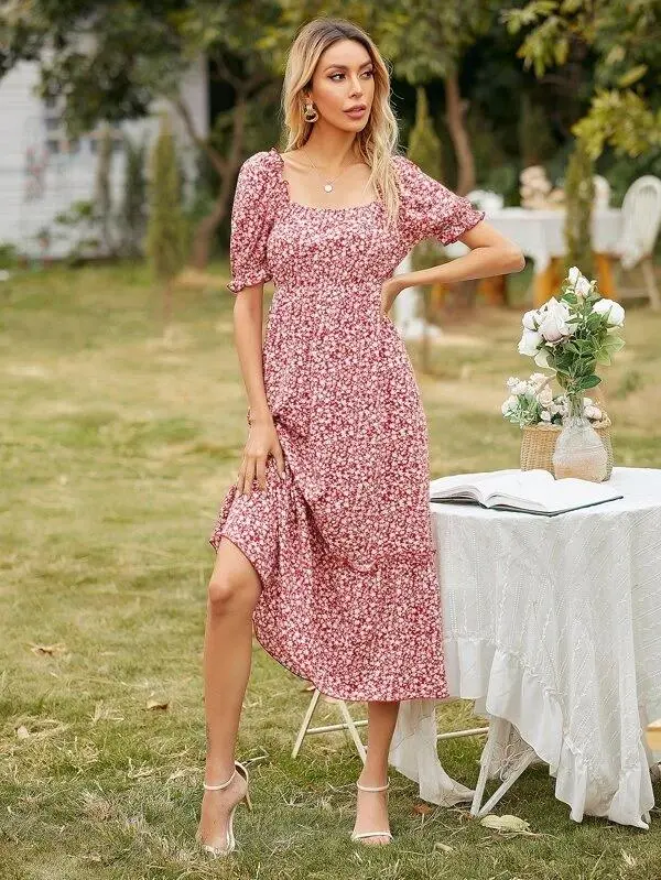 Women Square Neck Ditsy Floral Frill Trim Dress