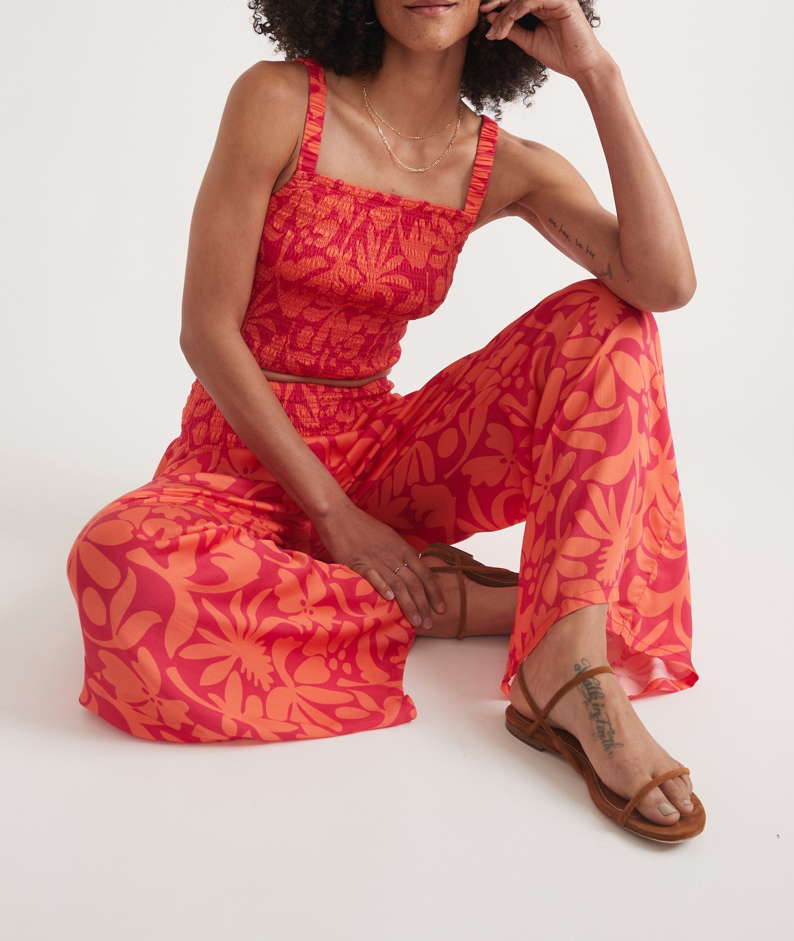 Coral Floral Print Palazzo Trousers