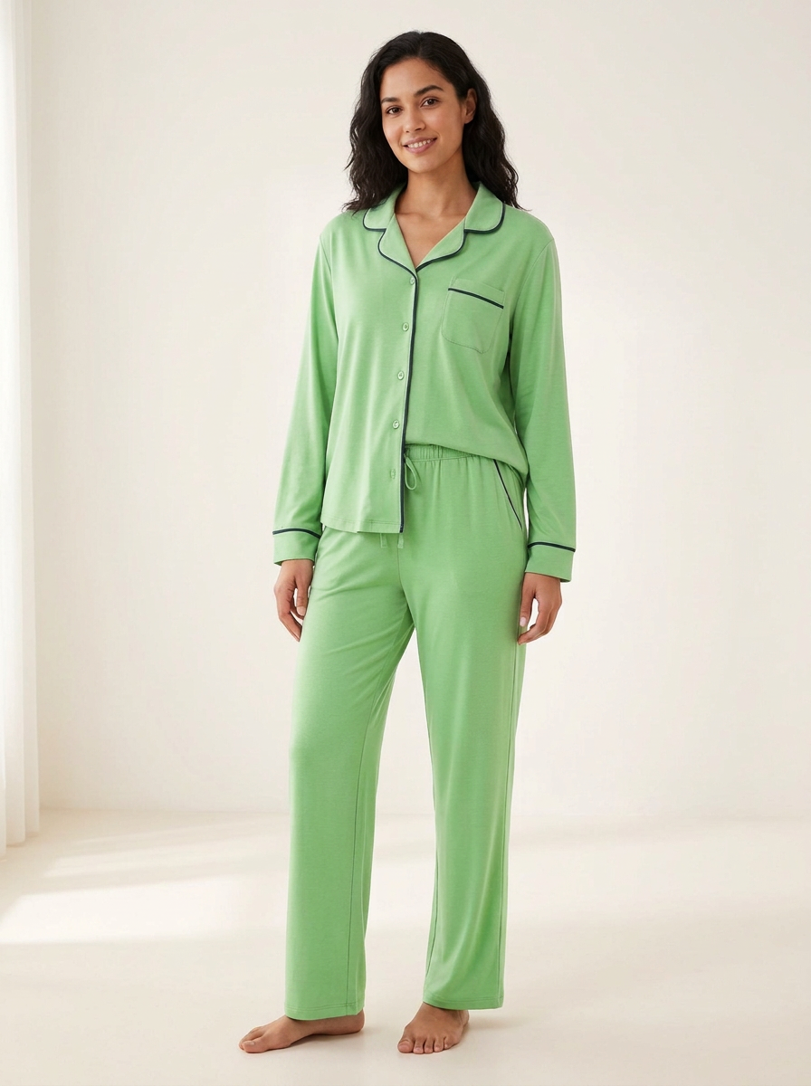 Women's Standard-Rise Piped Button-Down Pajama Set