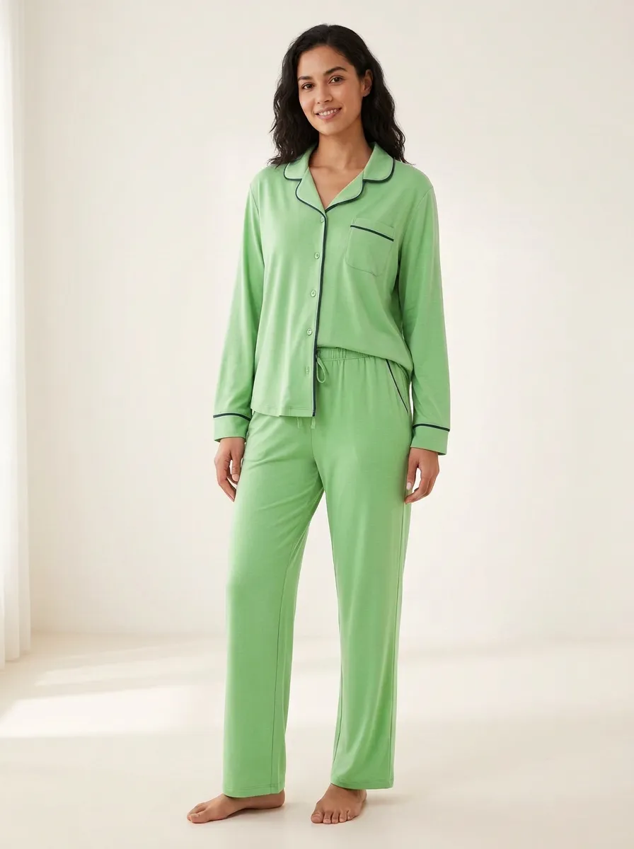 Women's Standard-Rise Piped Button-Down Pajama Set