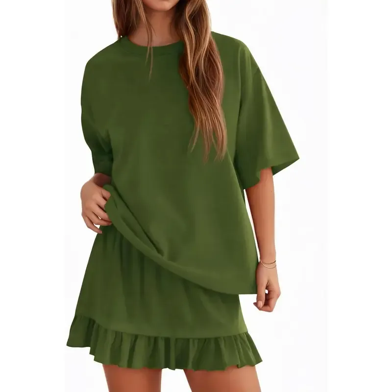 Women's Oversized Ruffle Hem Short Sleeve Set