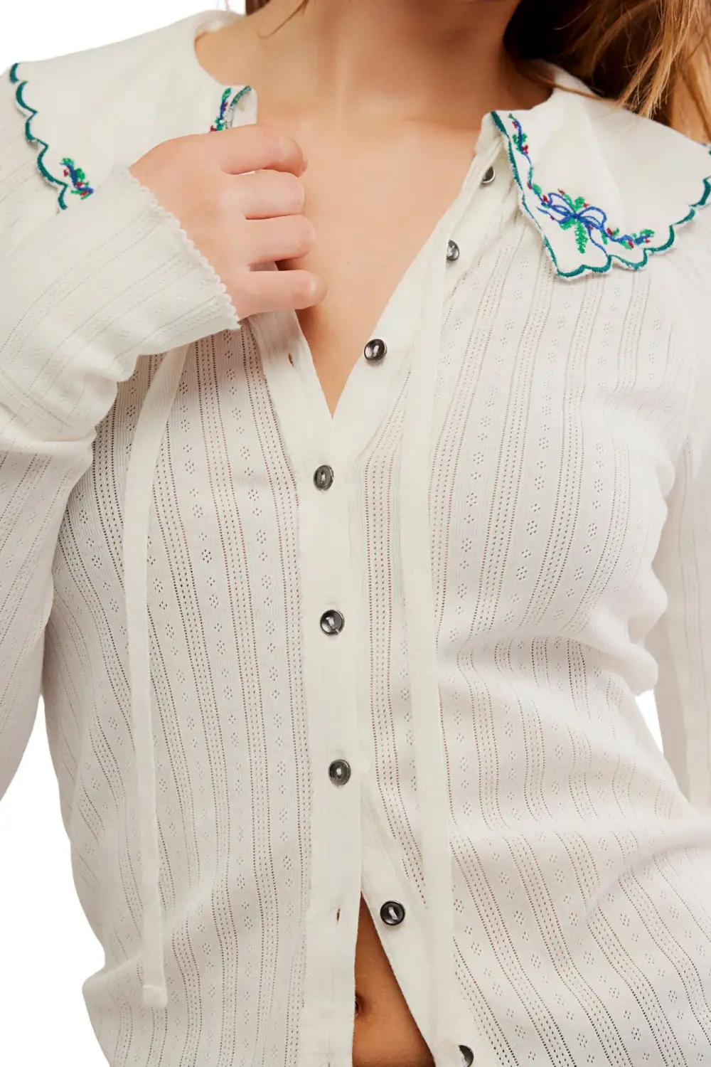 Floral Embroidered Button Front Peter Pan Collar Long Sleeve Shirt
