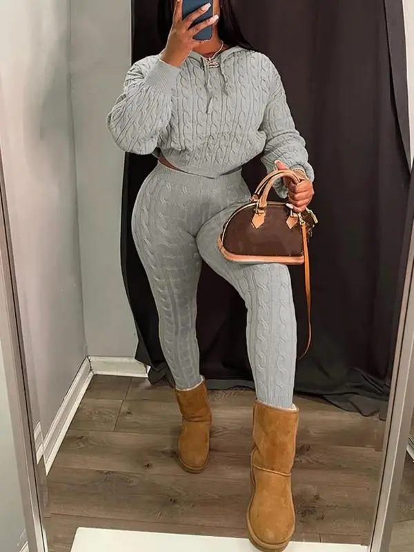 Women's Minimalist Textured Long Sleeve Crop Hooded Sweater& High Waist Skinny Pants Set