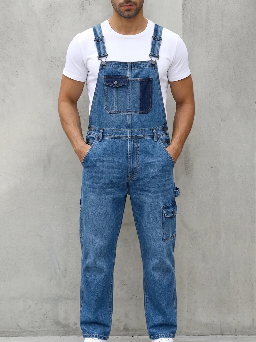 Men's Casual Vintage Blue Denim Cargo Overalls