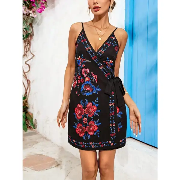 Print Spaghetti Strap Wrap Mini Dress