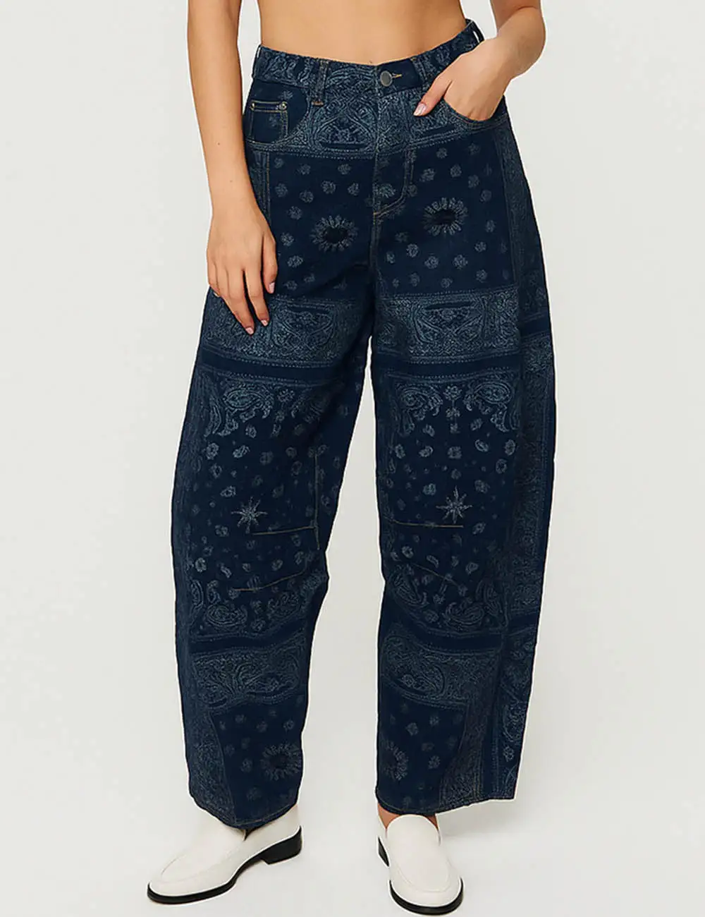 Vintage Jacquard Zip Fly Barrel Denim Pants
