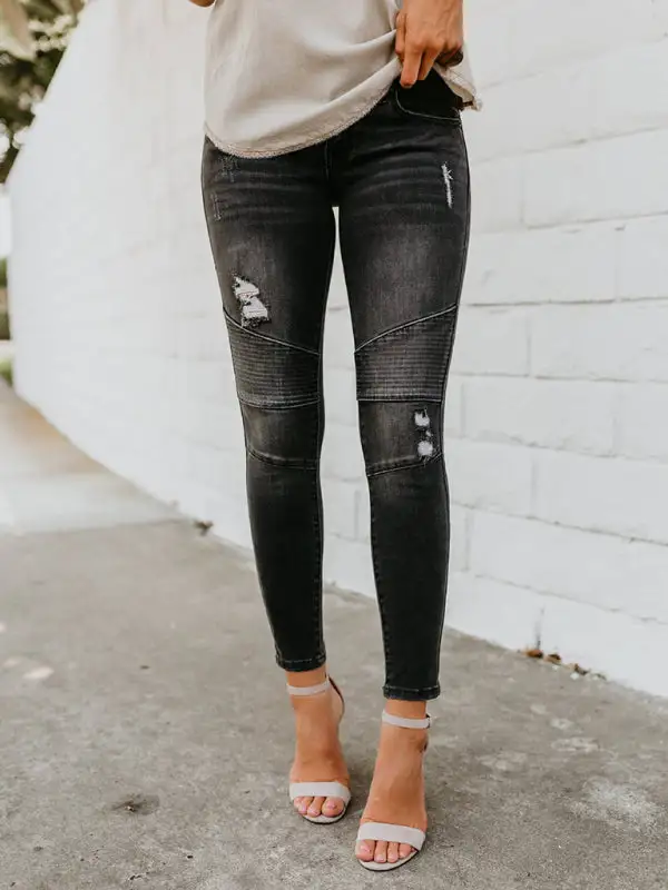 Distressed Stretch Pleated Denim Jeans