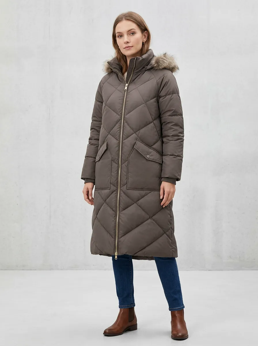 Structured Faux-Fur Puffer Long Hooded Coat