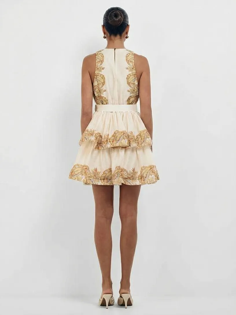 Paisley Print Sleeveless Neck Ruffle Mini Dress