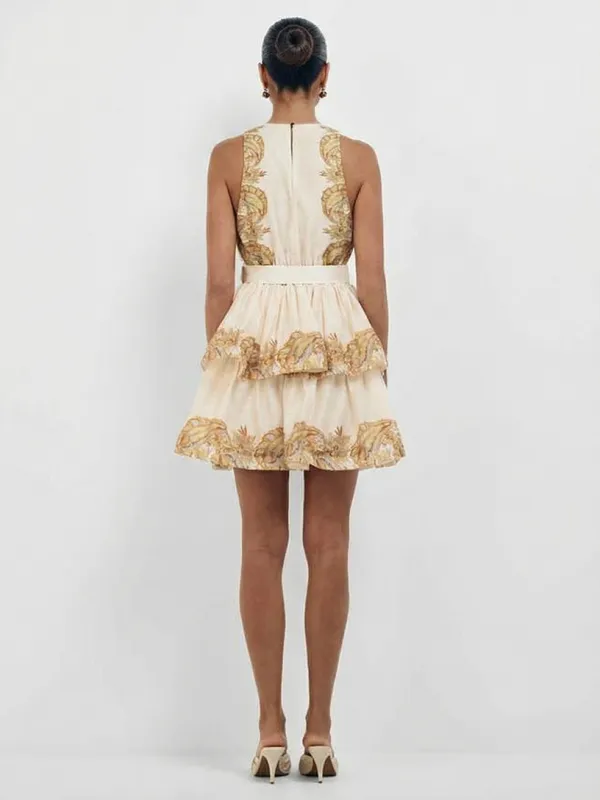 Paisley Print Sleeveless Neck Ruffle Mini Dress