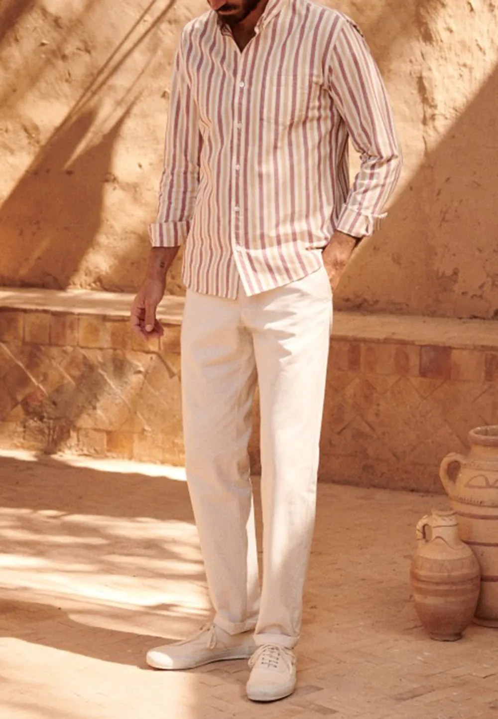 Cream Cotton Linen Blend Straight Leg Trousers