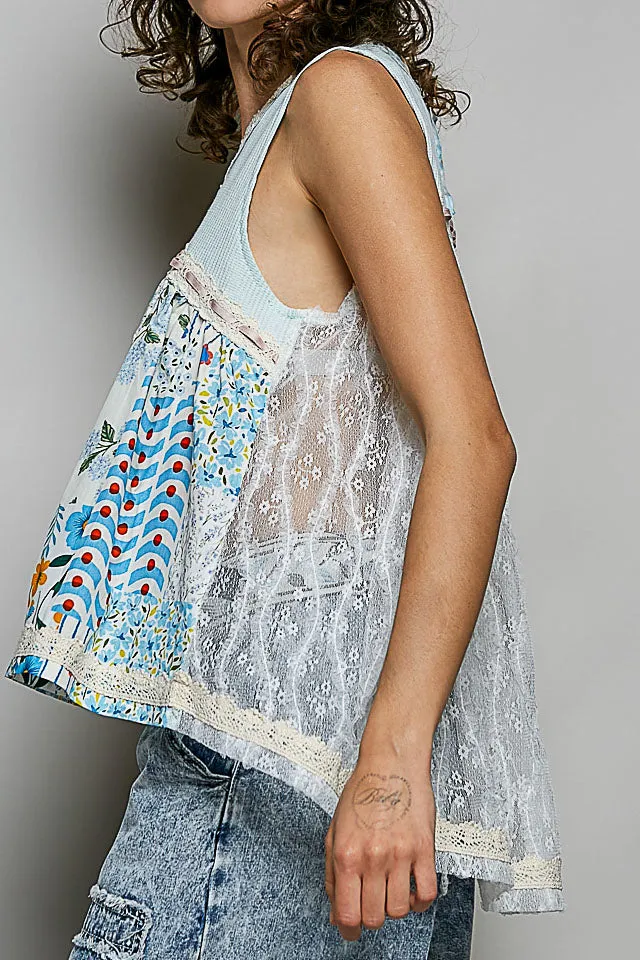 Floral V-Neck Sheer Tank With Lace Trim