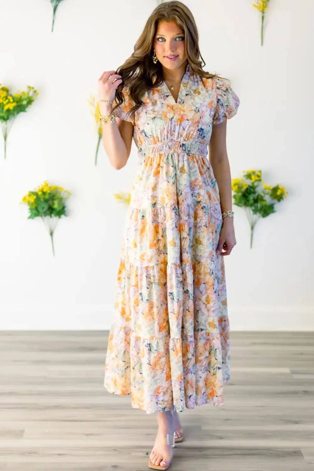 Floral V Neck Flared Maxi Dress