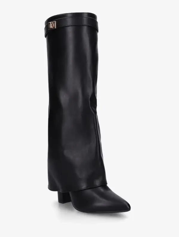 Classic Strap Detail Block Heel Fold-Over Faux Leather Knee High Boots
