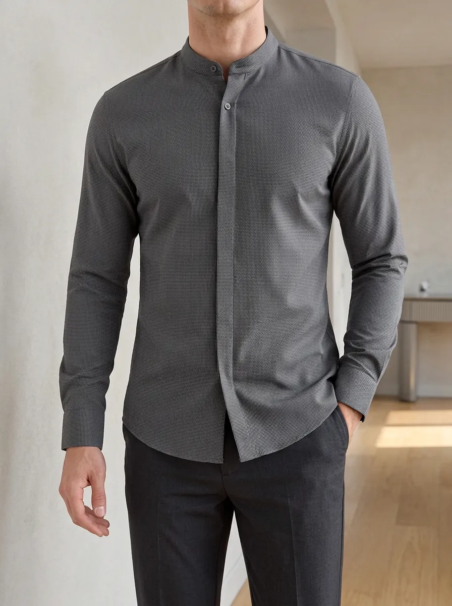Men's Slim Fit Grey Micro-Check Patterned Mandarin Collar Shirt