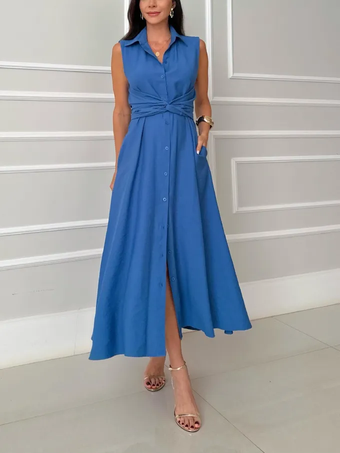 Shirt Style Single Breasted Tie Midi Dress
