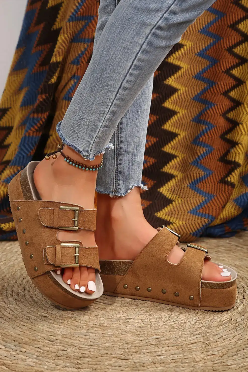 Cork Footbed Buckle Platform Sandals