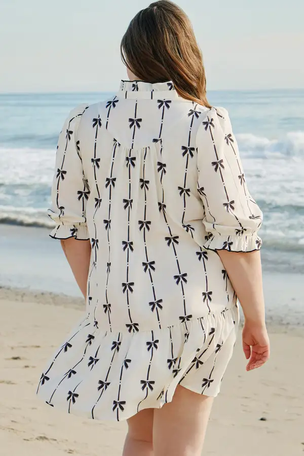 Bow Puff Sleeve Ruffled Plus Size Mini Dress