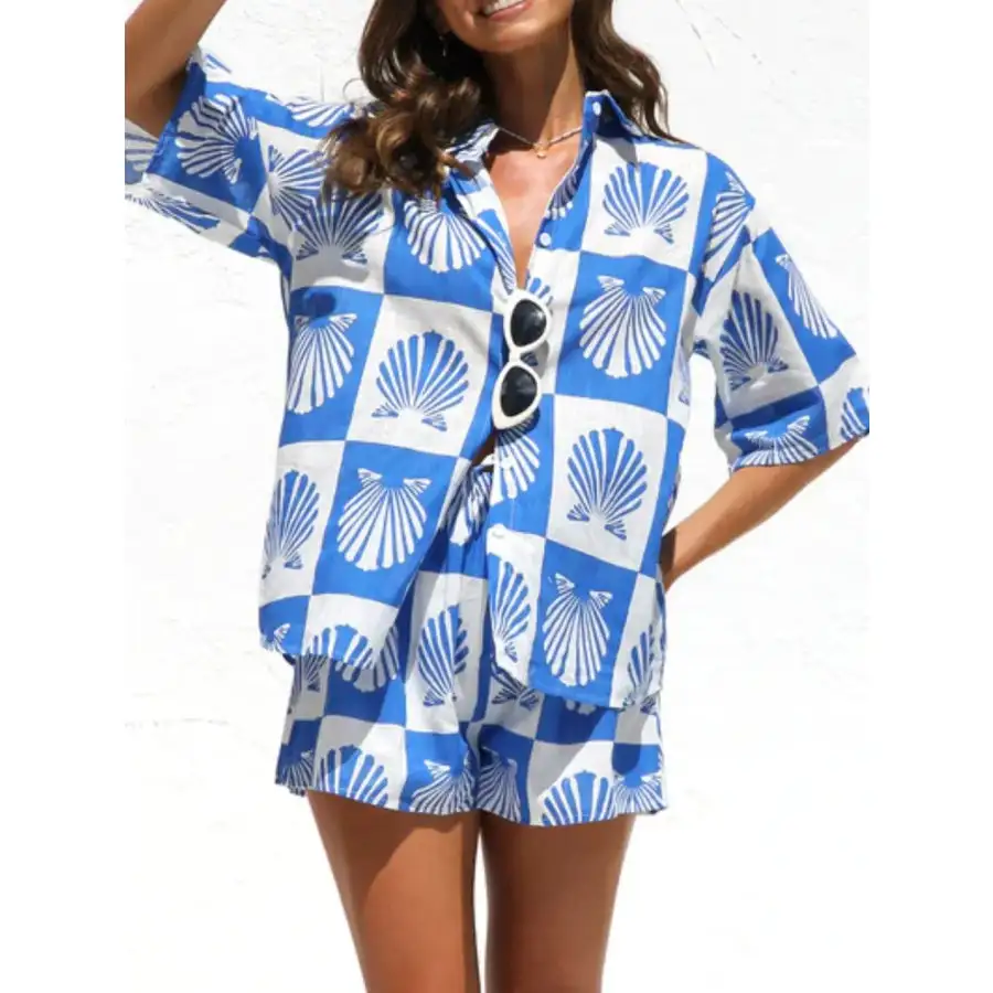 Printed Button Down Short Sleeve Top and Shorts Set
