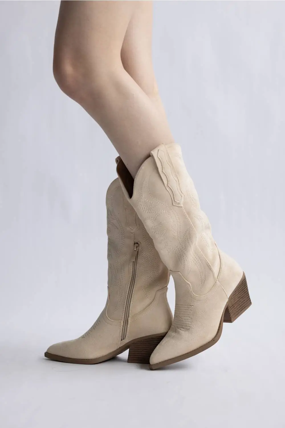 Suede Pointed Toe Mid Calf Western Boots