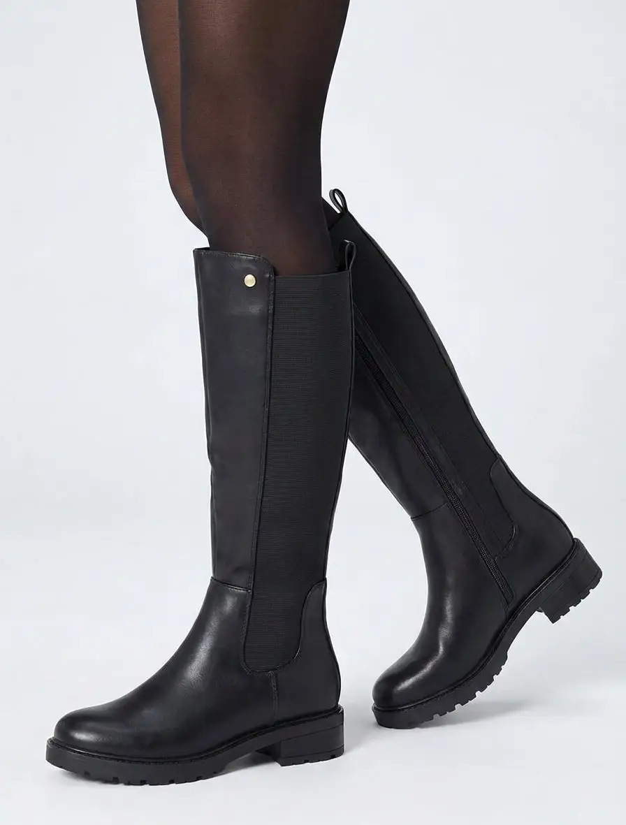 Refined Stretch Panel Lug Sole Block Heel Faux Leather Knee High Boots