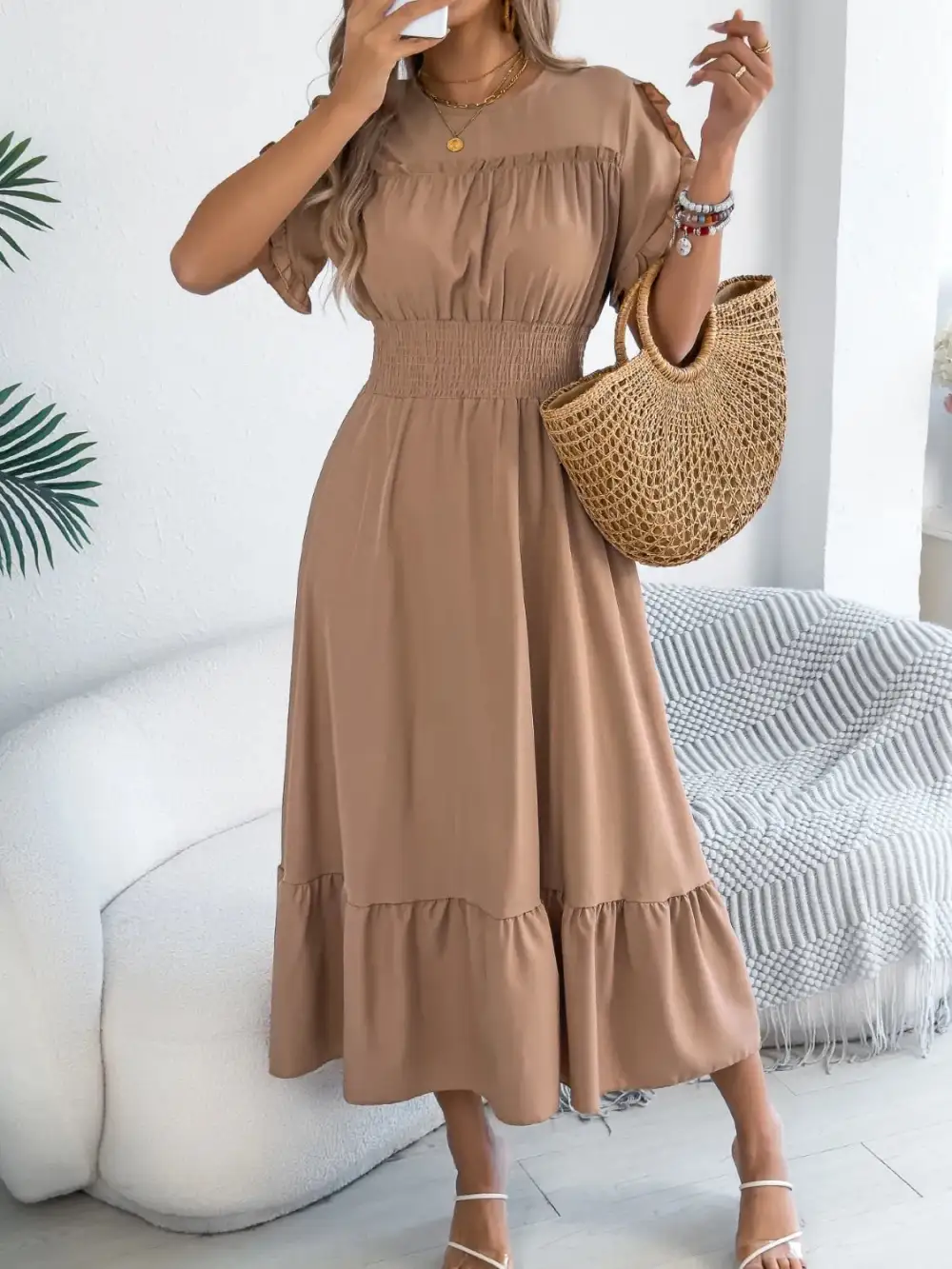 Crew Neck Ruffled Smocked Midi Dress