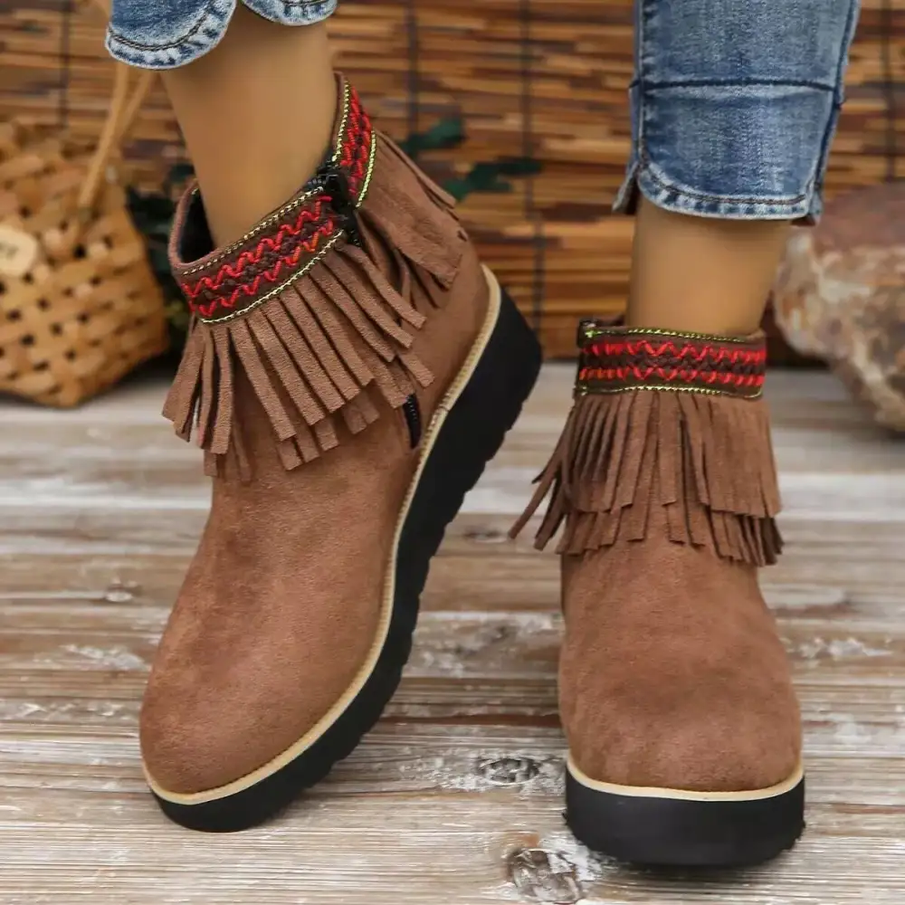 Fringe Round Toe Ankle Boots