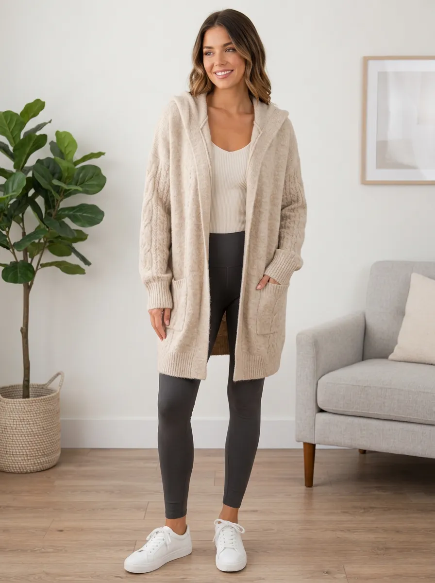Women's Casual Beige Cable Knit Hooded Cardigan