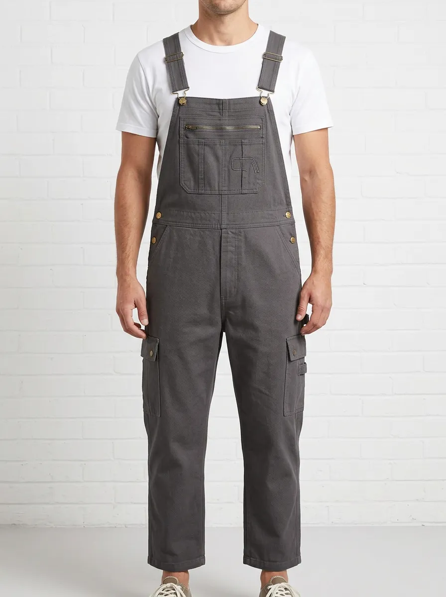Men's Casual Workwear Grey Cargo Bib Overalls
